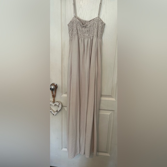 Light Beige Smocked Maxi Dress with Spaghetti Straps - Picture 5 of 9